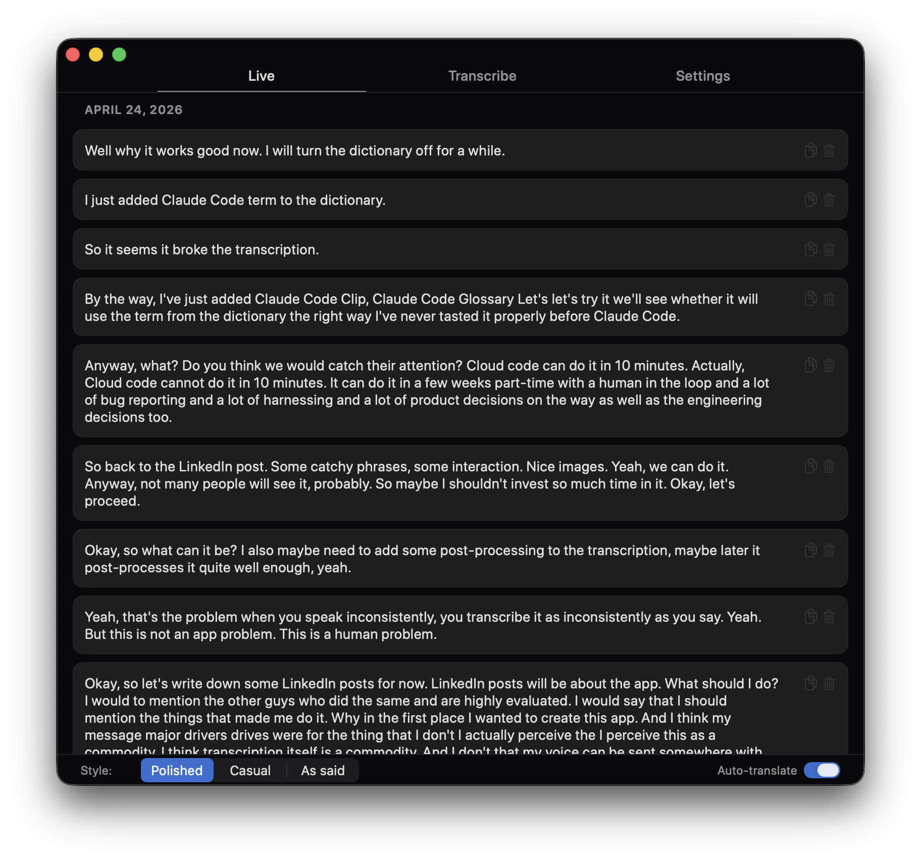 voz42 main transcription window