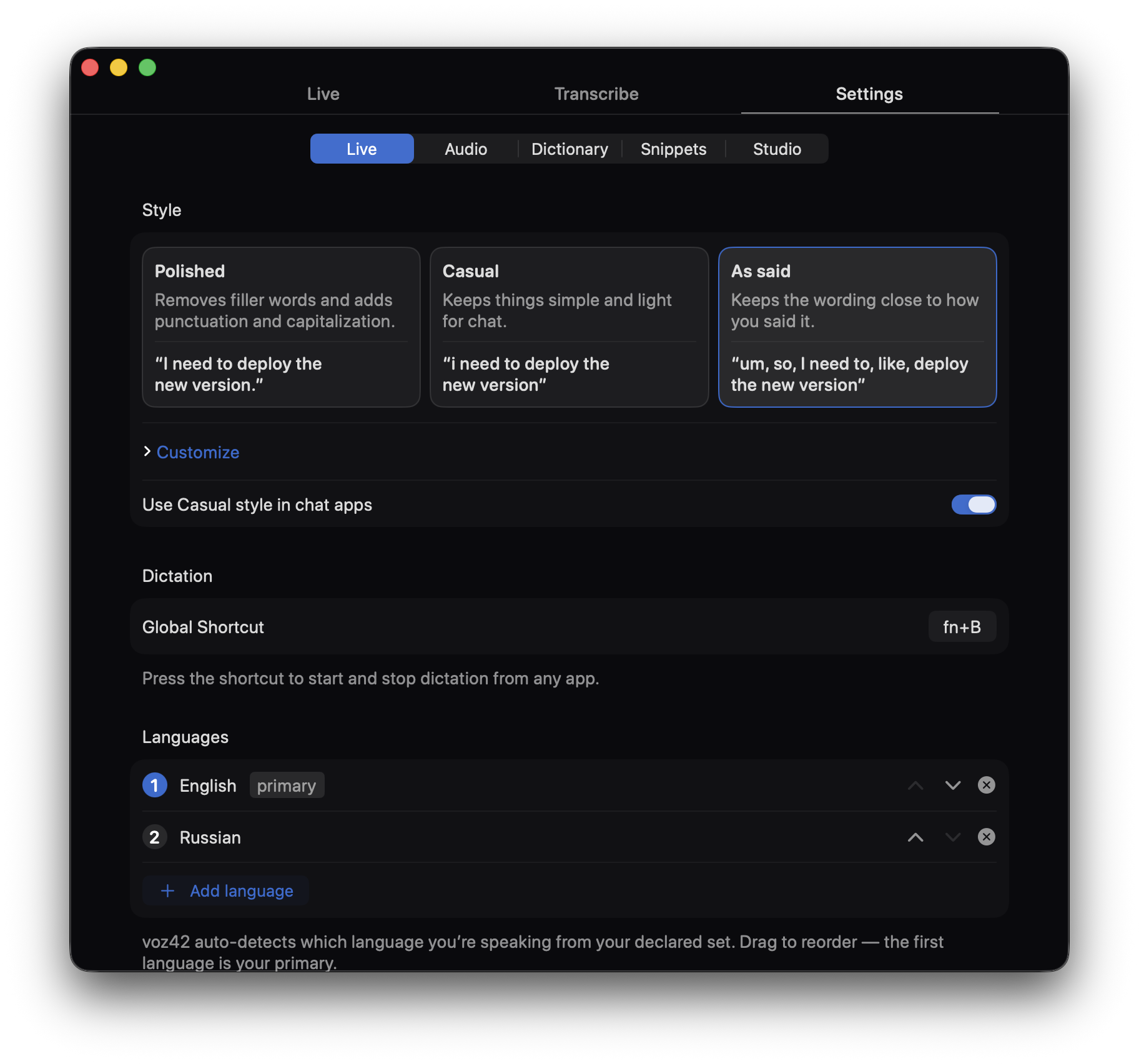 voz42 studio transcript editor